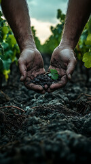 Close-up of an adult's hand holding dirt from the ground.
