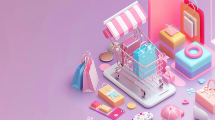 colorful digital shopping scene featuring shopping cart, gift boxes, and shopping bags, creating vibrant and playful atmosphere