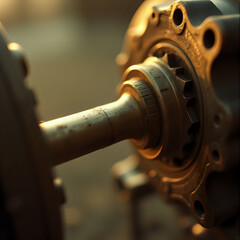 A close-up photo of a metal part, possibly a gear or a wheel, with a blurred background that suggests a mechanical or industrial setting.