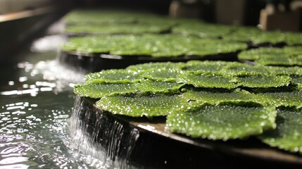 Serene Water Scene with Lush Green Lily Pads and Gentle Flowing Water