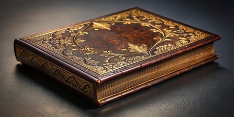 Fototapeta premium An ornate, leather-bound book with gold-leaf embellishments lies closed, its pages whispering tales of forgotten wisdom.