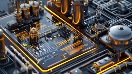 Fototapeta premium Futuristic industrial technology with glowing circuits and machinery. This intricate design showcases complex network of pipes and equipment, emphasizing innovation and modernity