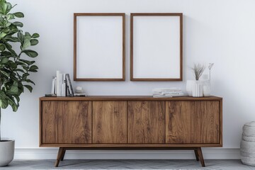 Mid-Century Modern Interior Design: Wooden Cabinet with Blank Frames