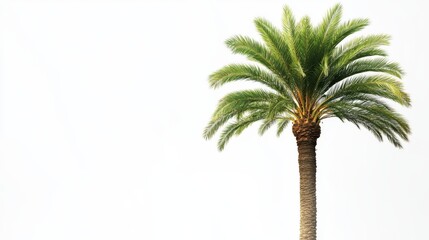 Fototapeta premium A tall palm tree against a bright white background brings a sense of calm and peace. Its green leaves stretch out towards the sky, inviting serenity into your surroundings.
