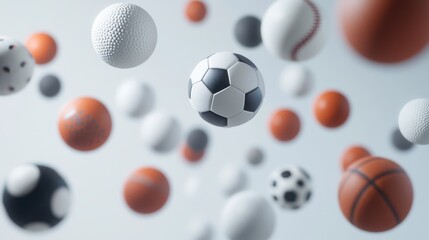 Colorful collection of sports balls floating in the air. Various types include soccer, basketball, and more. Perfect for sports themes and inspiration.