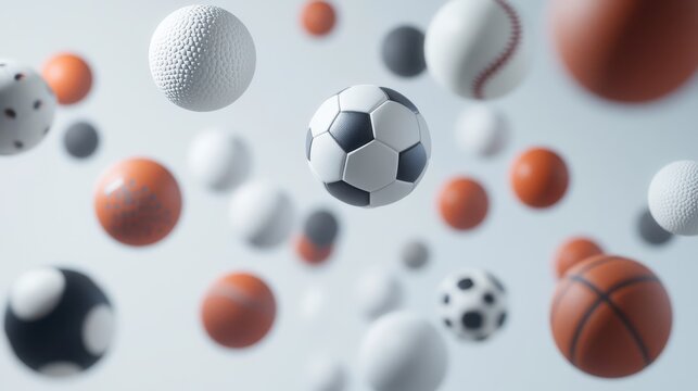 Colorful collection of sports balls floating in the air. Various types include soccer, basketball, and more. Perfect for sports themes and inspiration.