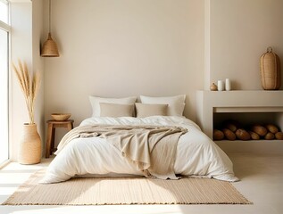 Boho interior design of modern bedroom. Bed against stucco wall with copy space.