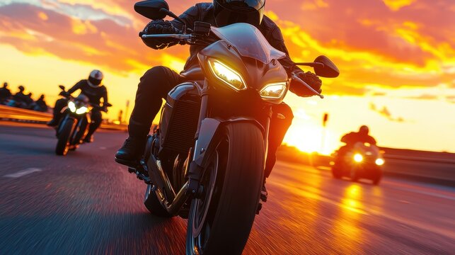 Motorcycle riders speeding at sunset highway photography vibrant sky dynamic perspective adventure and freedom