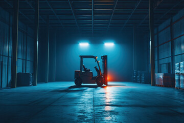 A silhouette of a forklift in a dimly lit warehouse, emphasizing industrial settings.