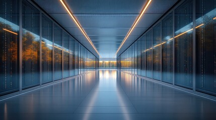 Modern Data Center Corridor with Glass Walls Reflecting Sunset