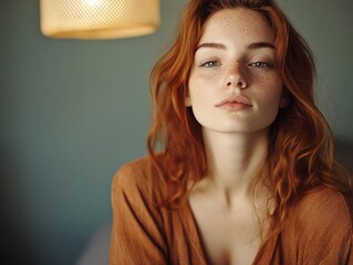 Redhead woman portrait, calm expression, indoor.