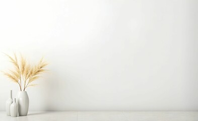 Interior background of room with beige wall and vase with decorative branch. Empty mock up wall. 3d rendering