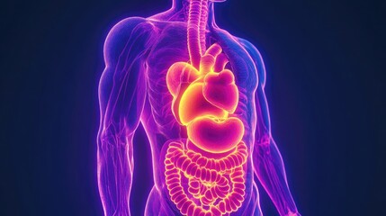 human anatomy with glowing organs showcasing brain, heart, liver, and intestines