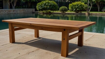 Outdoor wooden coffee table by pool.