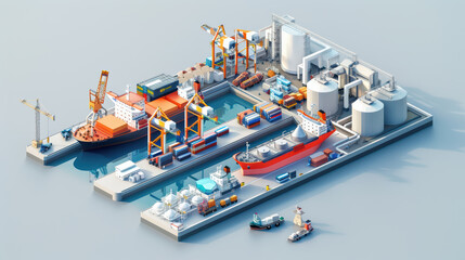detailed isometric illustration of busy shipping port featuring cargo ships, cranes, and storage tanks. vibrant colors and intricate design capture bustling activity of maritime logistics