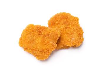 Delicious chicken nuggets isolated on white, top view