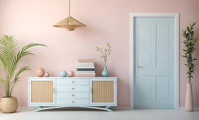 Modern living room interior with door and sideboard 3d rendering
