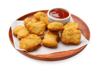 Delicious chicken nuggets and ketchup isolated on white