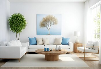 Round wooden accent coffee table near sofas and armchair against white wall with poster frame. Art deco style interior design of modern living room.