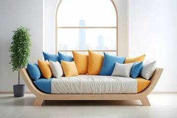 Rustic sofa with colorful pillows in front of the arched window. Interior design of modern living house in eclectic style. 