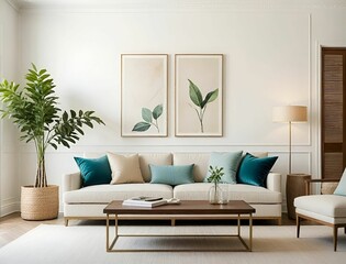 Sofa with green pillows near door. French country, classic interior design of modern living room.