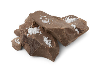 Pieces of chocolate with salt isolated on white