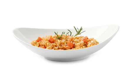 Delicious pumpkin risotto in bowl isolated on white