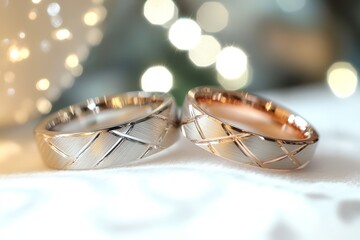 Fototapeta premium Two elegant wedding rings, one rose gold, one white gold, with crisscross design, rest on white fabric against a bokeh background.