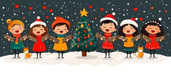 Fototapeta na wymiar A charming scene of carolers singing beside a Christmas tree in a cartoon neighborhood. Each character wears a bright scarf or hat, their mouths open in song, eyes closed happily. The tree sparkles 