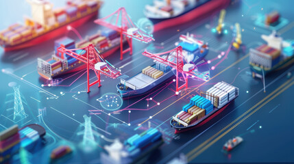 Fototapeta premium Digital illustration of cargo ships and cranes in port setting, showcasing shipping containers and advanced technology. scene conveys sense of modern logistics and maritime trade