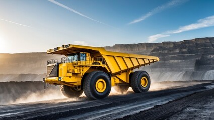 Heavy mining truck operates at sunset in open pit mine