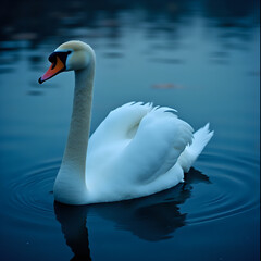 Obraz premium A tranquil image of a white swan gracefully floating on the surface of a body of water with a blurred background.