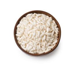 Puffed rice in bowl isolated on white, top view