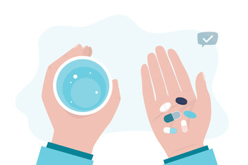 Hands holding pills. Character takes pills and drinks them with water. Treatment and fight against viruses, healthcare. Man or woman with medicines. Antibiotic or painkiller.