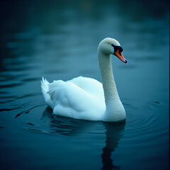 Obraz premium A graceful white swan is captured in tranquil waters, its reflection faintly mirrored, against a soft, blurred backdrop.