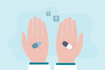 Patient chooses which medicine to take. Choosing between strong antibiotic and soft medicine, treatment. Human hands holding drugs.