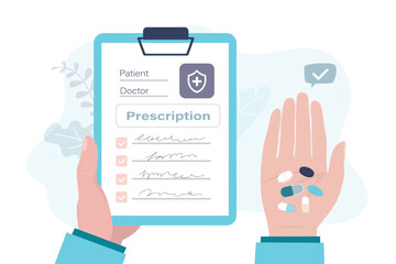 Hands holding prescription and pills. Capsules for illness and pain treatment. Taking medication concept. Healthcare and pharmacy. Medical prescription drugs,