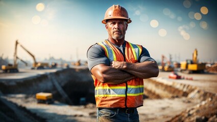 Construction worker at job site wearing safety gear during daytime