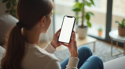 Woman Relaxing on Sofa Using Smartphone with Blank Screen, Cozy Home Interior