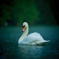 Fototapeta premium A white swan with a distinctive orange beak is gracefully floating on a serene body of water, with a blurred green background.