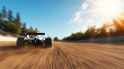 Fototapeta premium A racing car speeding on a dirt track under a bright sun.