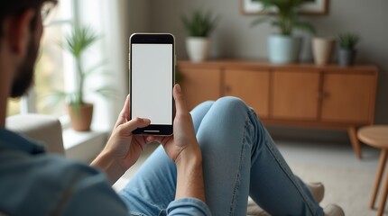 Relaxing at Home Man Using Smartphone Blank Screen Mockup Cozy Apartment Interior