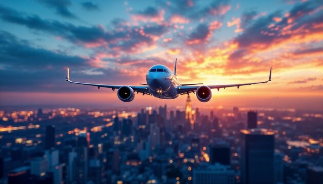 Passenger Jet Flying Over City Skyline During a Spectacular Sunset

