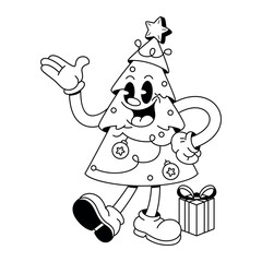 Vector Retro Cartoon Christmas Tree Character Groovy Illustration Isolated