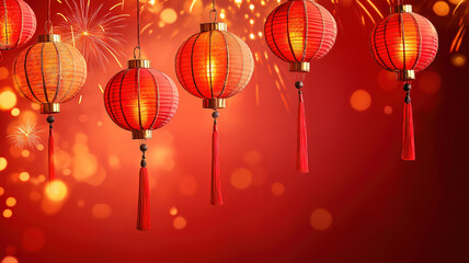 Festive New Year background with firecrackers and lanterns, symbolizing joy and prosperity
