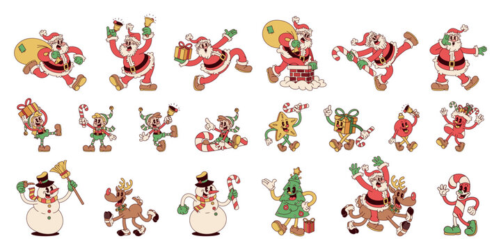 Naklejki Vector Merry Christmas Retro Cartoon Characters Style Groovy Set Illustration Isolated