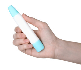 Woman with glue stick on white background, closeup