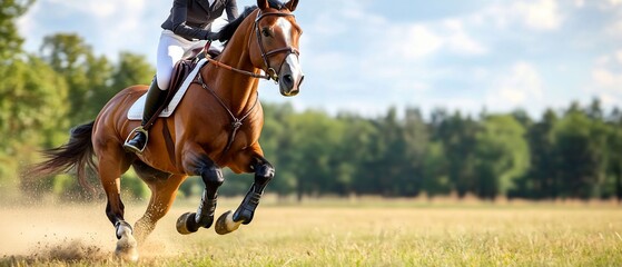 A rider on a horse galloping through a sunny field.