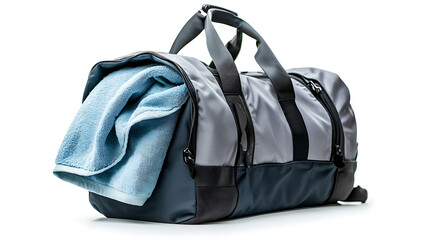 A grey and black duffle bag with a blue towel inside