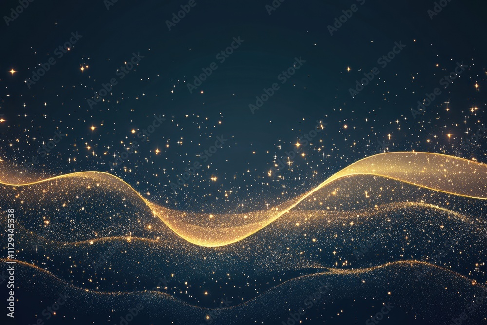 Fototapete A shimmering golden wave of glitter flows across the dark backdrop, creating an enchanting design with ample space for text. Generative AI